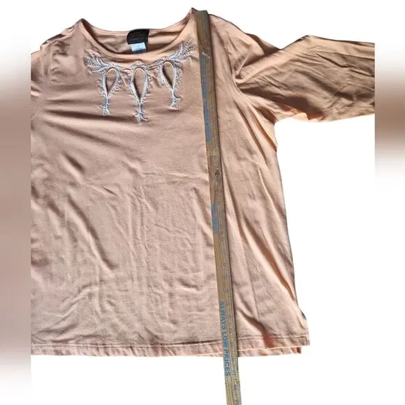 Bob Mackie Wearable Art Embroidered Cotton Stretch Top Women’s Plus 2X Peach - Picture 7 of 11